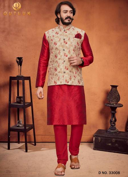 Red And Cream Colour Latest Design Festive Wear Art Silk Digital Printed Kurta Pajama With Jacket Mens Collection 33008